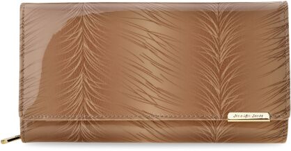 Elegancki lakierowany portfel damski duży skórzany JENNIFER JONES pojemna portmonetka ze wzorem - beżowy