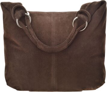 Skórzana włoska torba damska zamszowa torebka worek shopper na ramię - czekoladowa